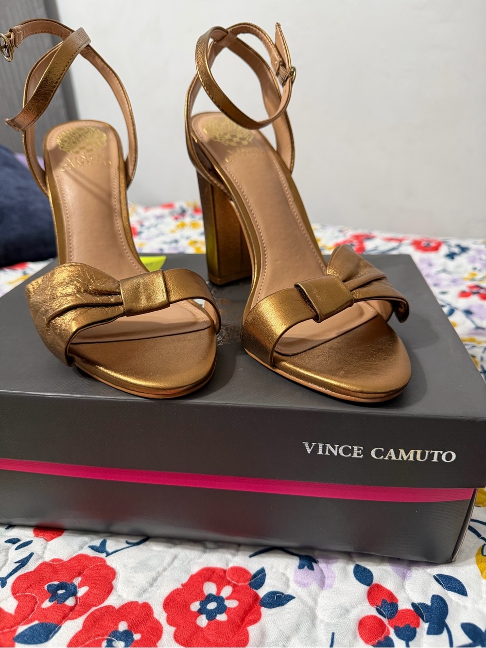 Vince Camuto Bronze Metallic Bow Block Heel Sandals